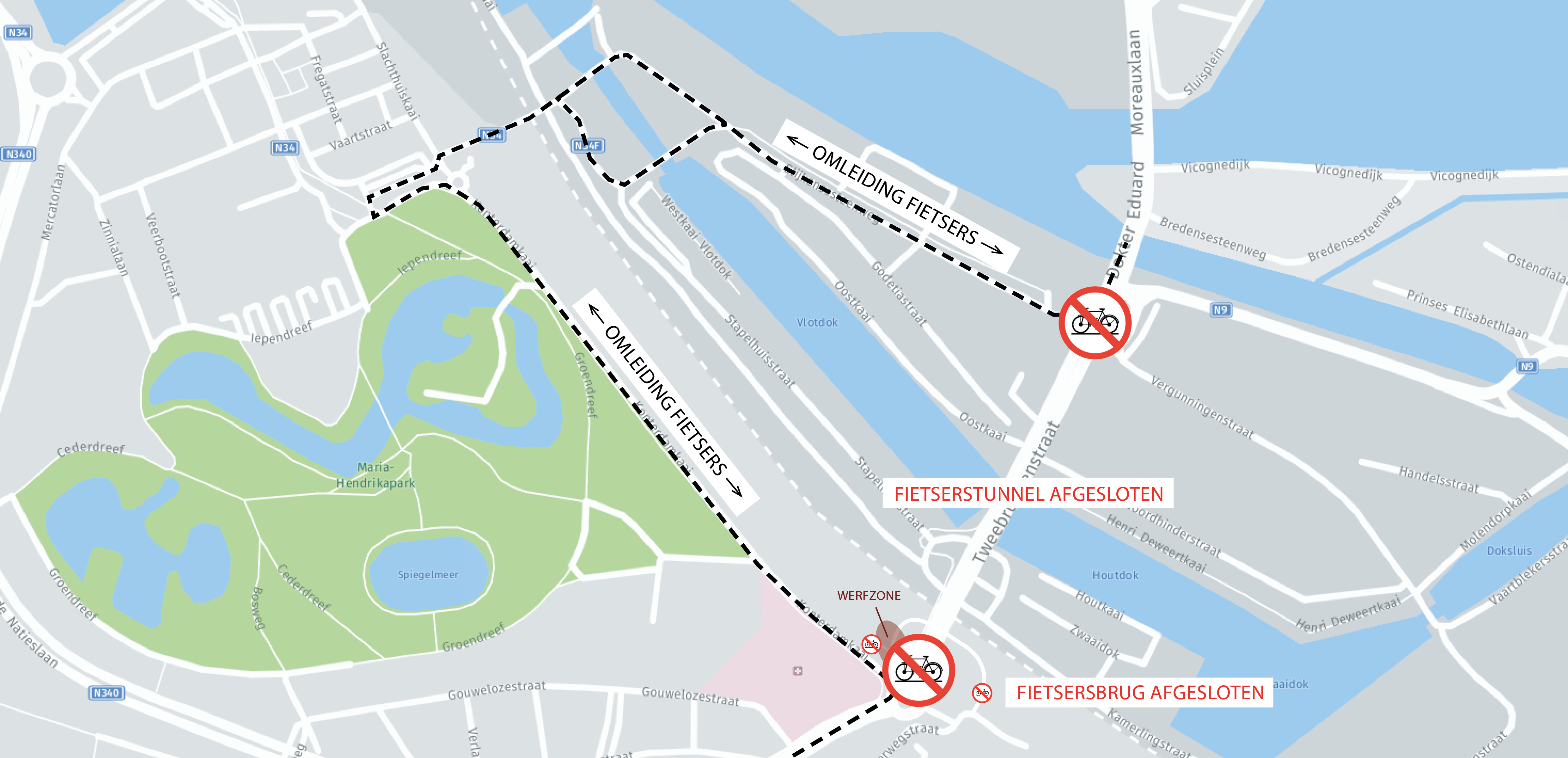 plan onderbreking fietsersbrug en fietserstunnel hijswerken leidingbrug Warmtenet Oostende